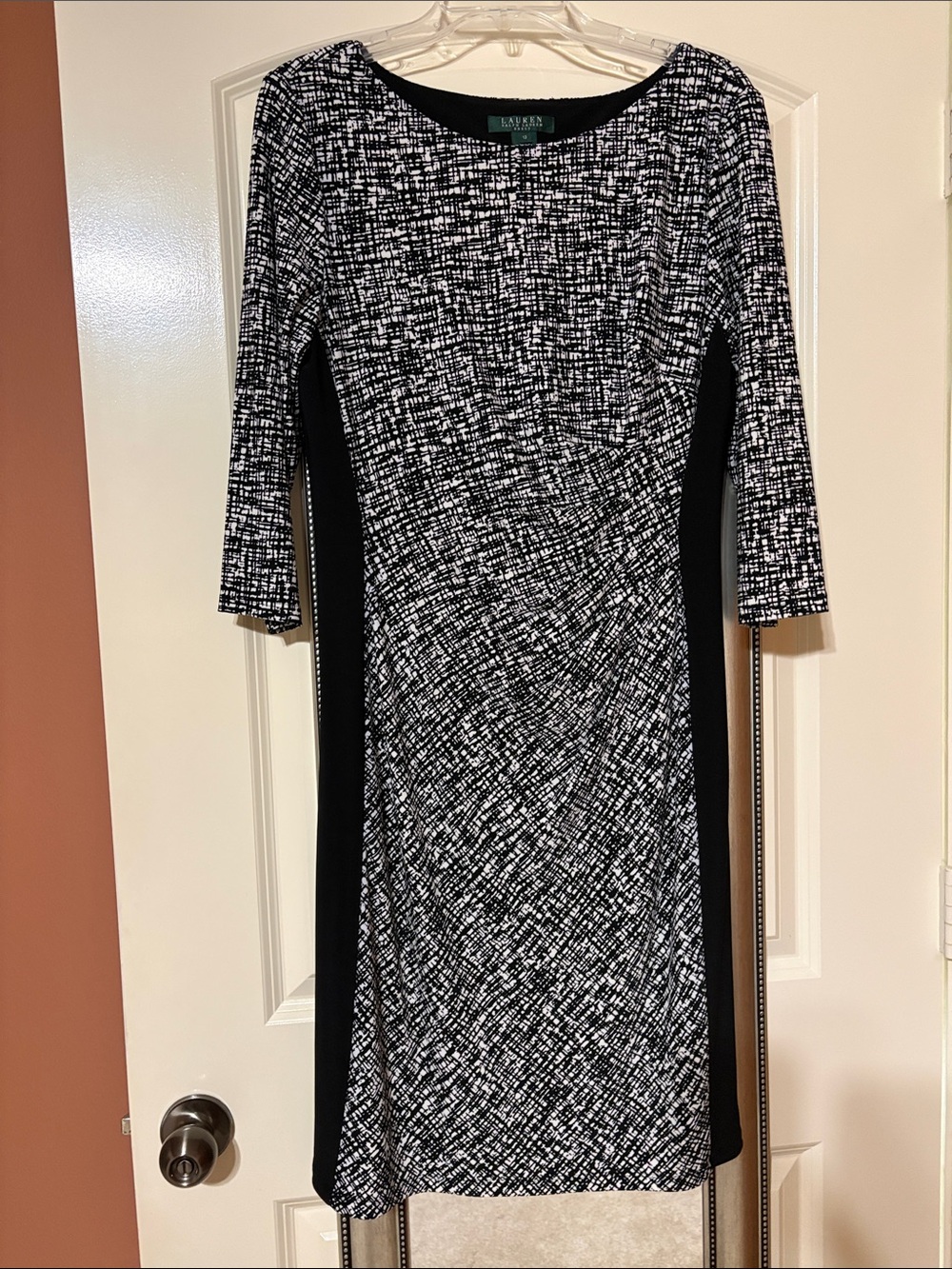 Lauren Ralph Lauren Black and White Patterned Long Sleeve Sheath Dress
